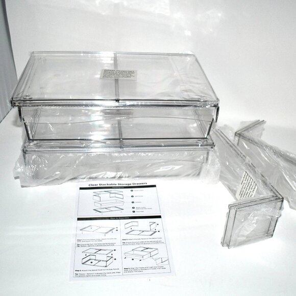 DELAMU Stackable Drawer Organizer – 2-Pack Clear Countertop Storage Bins with Li - Picture 1 of 4